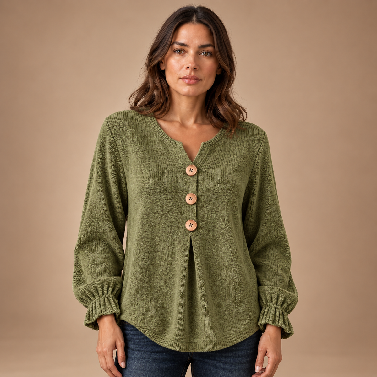 Henley Top Dames – Houten Knopen en Plooien – fern green – vooraanzicht