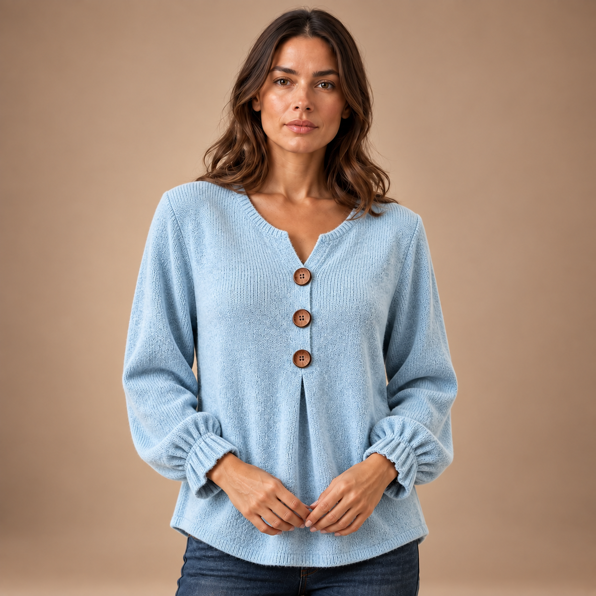 Henley Top Dames – Houten Knopen en Plooien – Sky Blue – vooraanzicht