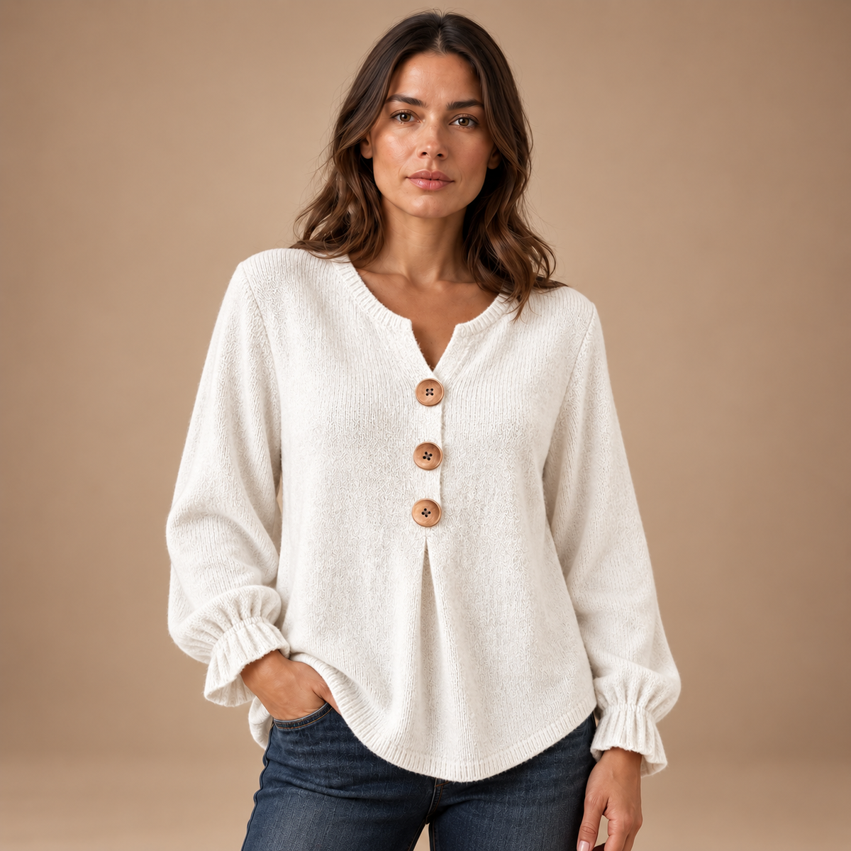 Henley Top Dames – Houten Knopen en Plooien – White – vooraanzicht