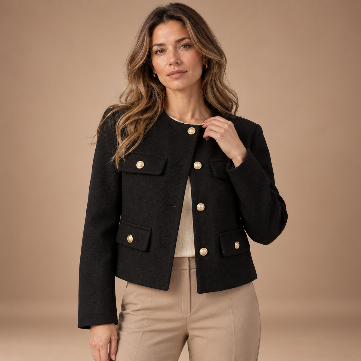 Kort Jasje Dames – Ronde Hals en Gouden Knopen – Black – vooraanzicht