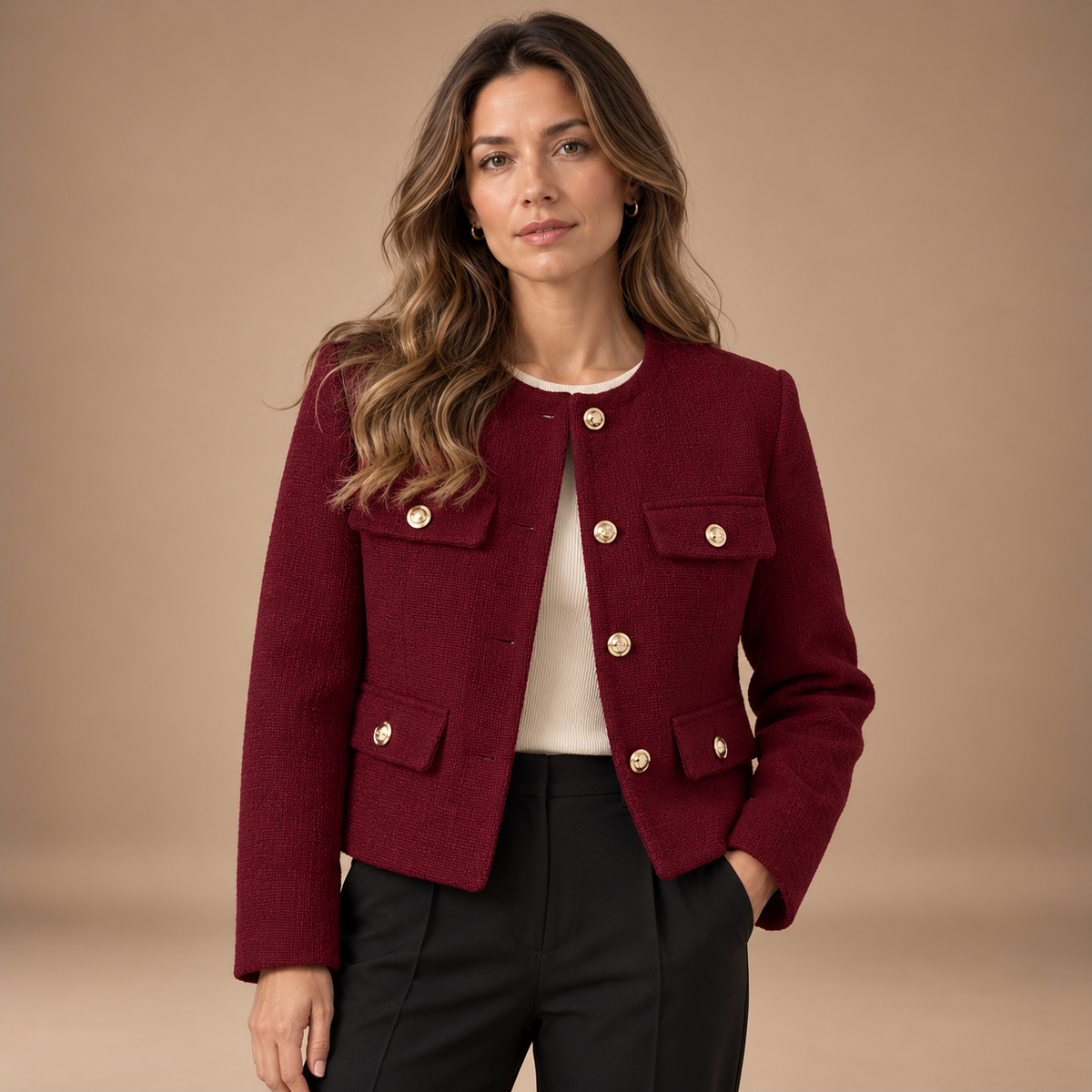 Kort Jasje Dames – Ronde Hals en Gouden Knopen – Burgundy – vooraanzicht