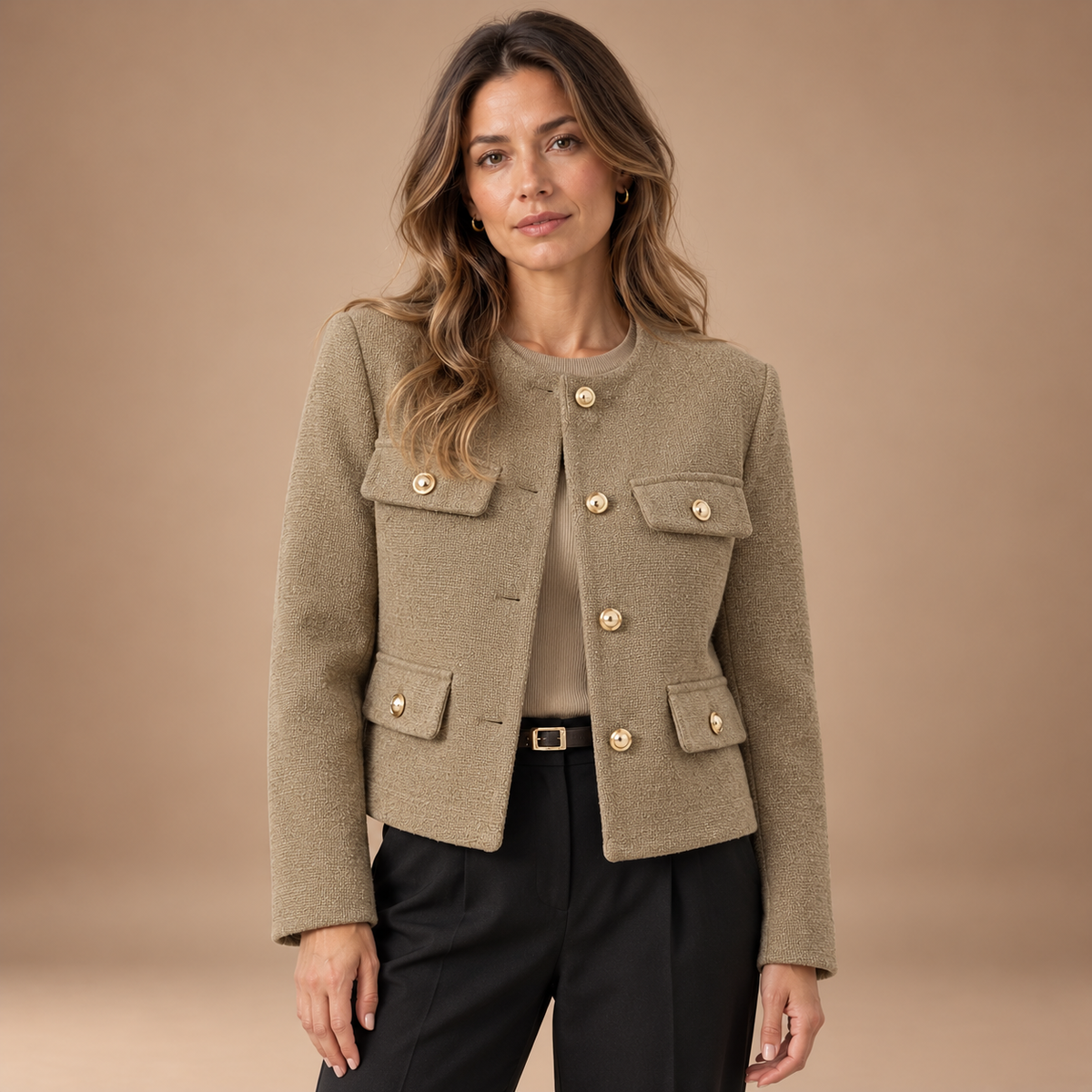 Kort Jasje Dames – Ronde Hals en Gouden Knopen – Khaki – vooraanzicht