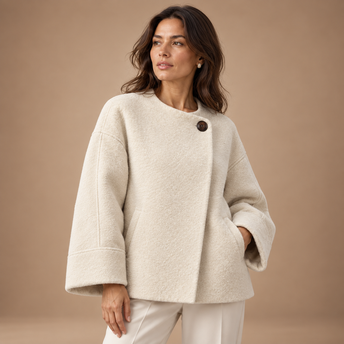 Korte Mantel Dames – Ruime Pasvorm en Ronde Hals – Apricot – driekwart