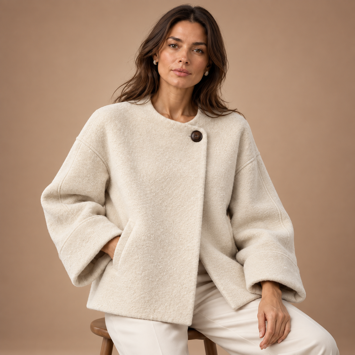 Korte Mantel Dames – Ruime Pasvorm en Ronde Hals – Apricot – zittend