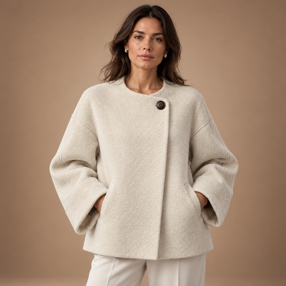 Korte Mantel Dames – Ruime Pasvorm en Ronde Hals – Apricot – vooraanzicht