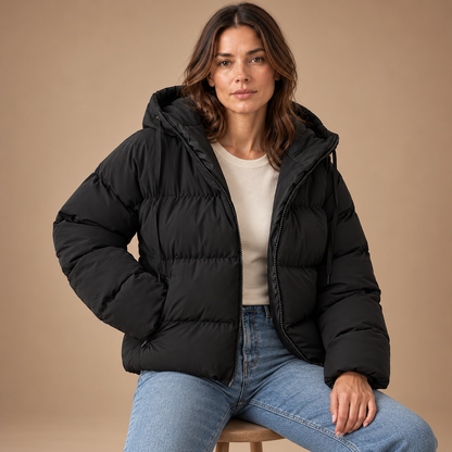 Korte Pufferjas Dames – Capuchon en Rits – Black – zittend