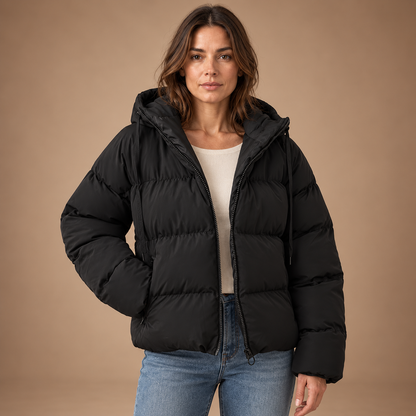 Korte Pufferjas Dames – Capuchon en Rits – Black – vooraanzicht