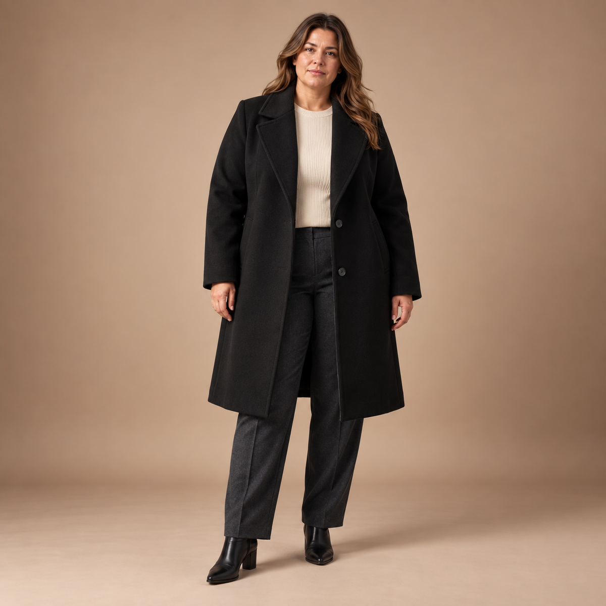 Lange Mantel Dames Grote Maten – Revers en Knopen – Black – vooraanzicht