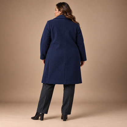 Lange Mantel Dames Grote Maten – Revers en Knopen – Navy Color – achteraanzicht