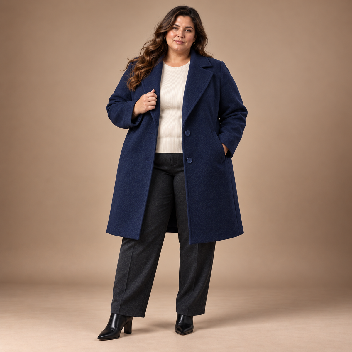 Lange Mantel Dames Grote Maten – Revers en Knopen – Navy Color – vooraanzicht
