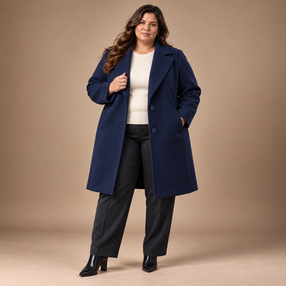 Lange Mantel Dames Grote Maten – Revers en Knopen – Navy Color – vooraanzicht