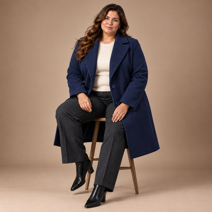 Lange Mantel Dames Grote Maten – Revers en Knopen – Navy Color – zittend