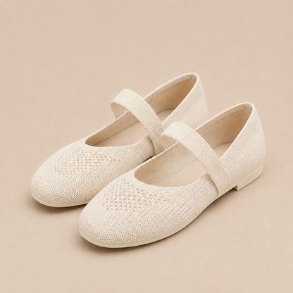 Witte gebreide ballerina voor dames met wreefbandje en comfort zool