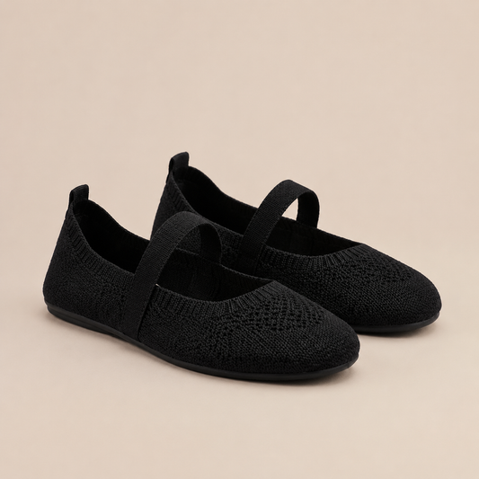 Zwarte gebreide ballerina voor dames met wreefbandje en comfort zool
