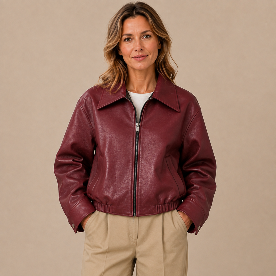 Bikerjack Dames Oversized - Leren Jas met Ritssluiting en Grote Kraag