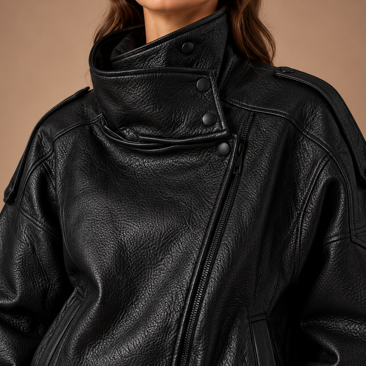 Oversized bikerjack dames in zwart – detail van hoge kraag, drukknopen en rits