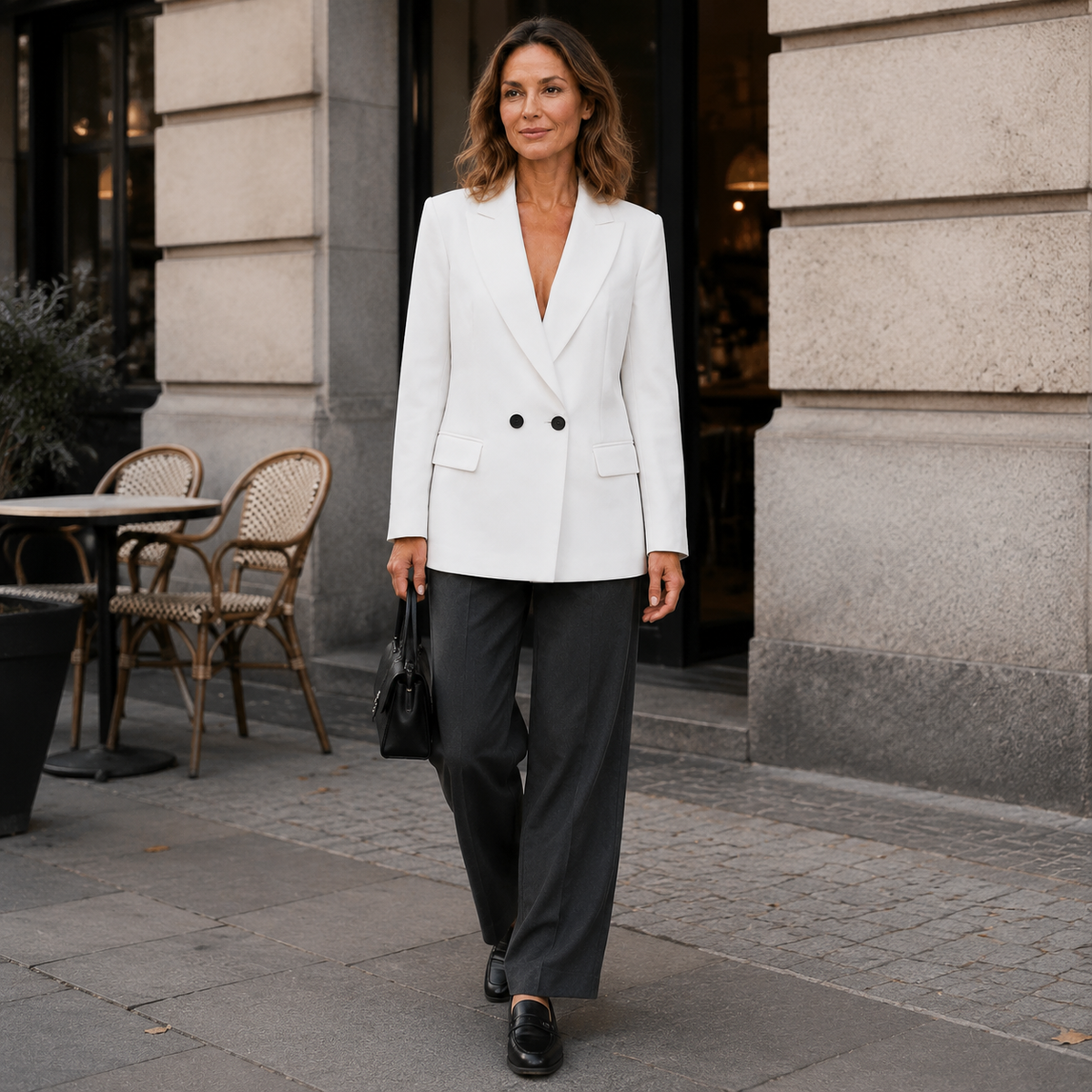 Model draagt een witte double-breasted blazer met zwarte broek op straat