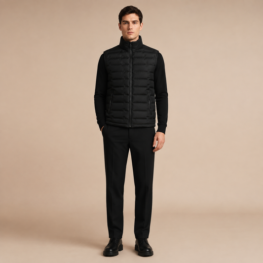 Zwarte gewatteerde herenbodywarmer met opstaande kraag, gedragen over een zwarte trui.