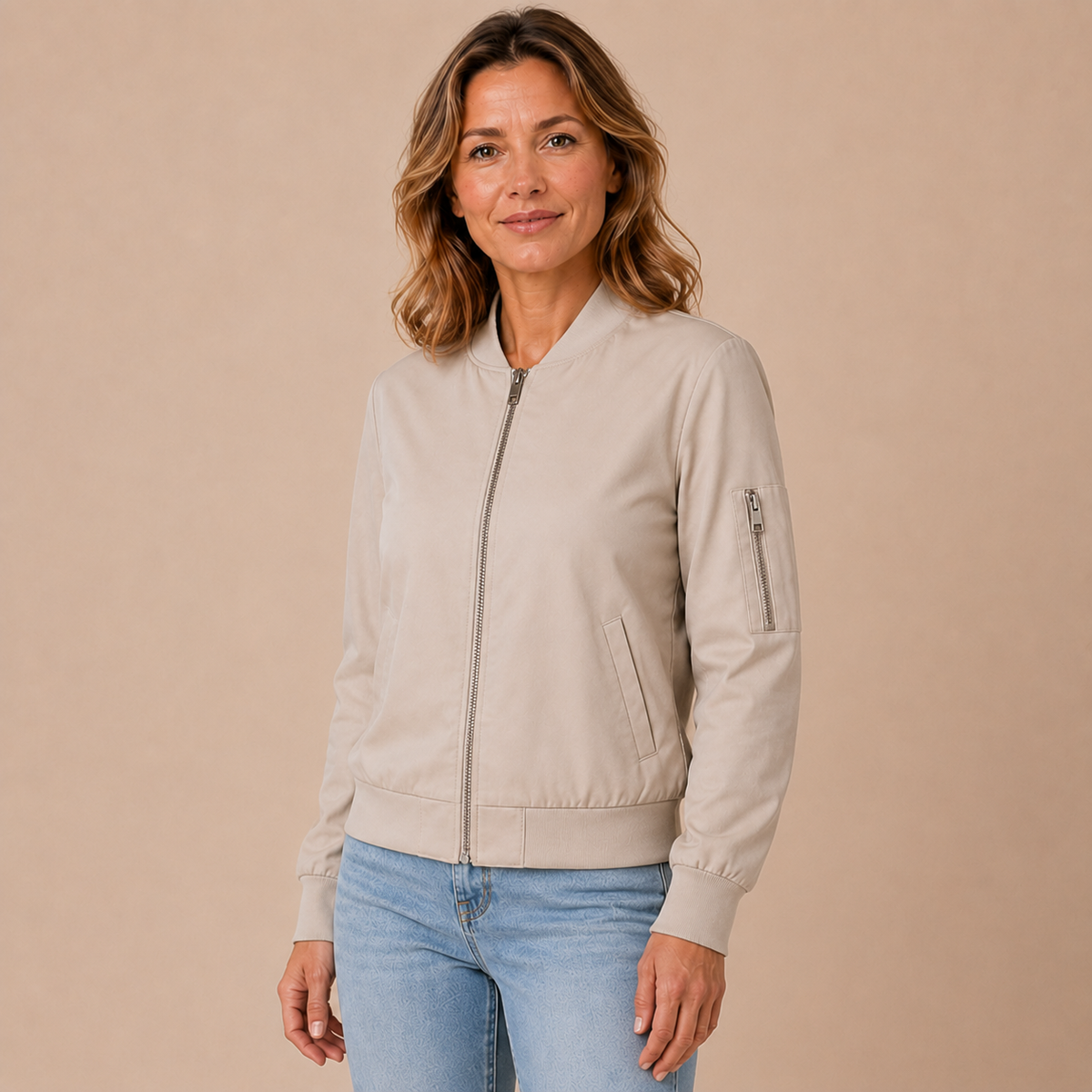 Bomberjack dames casual – korte tussenjas met rits en mouwzak in khaki – driekwartaanzicht op beige studioachtergrond