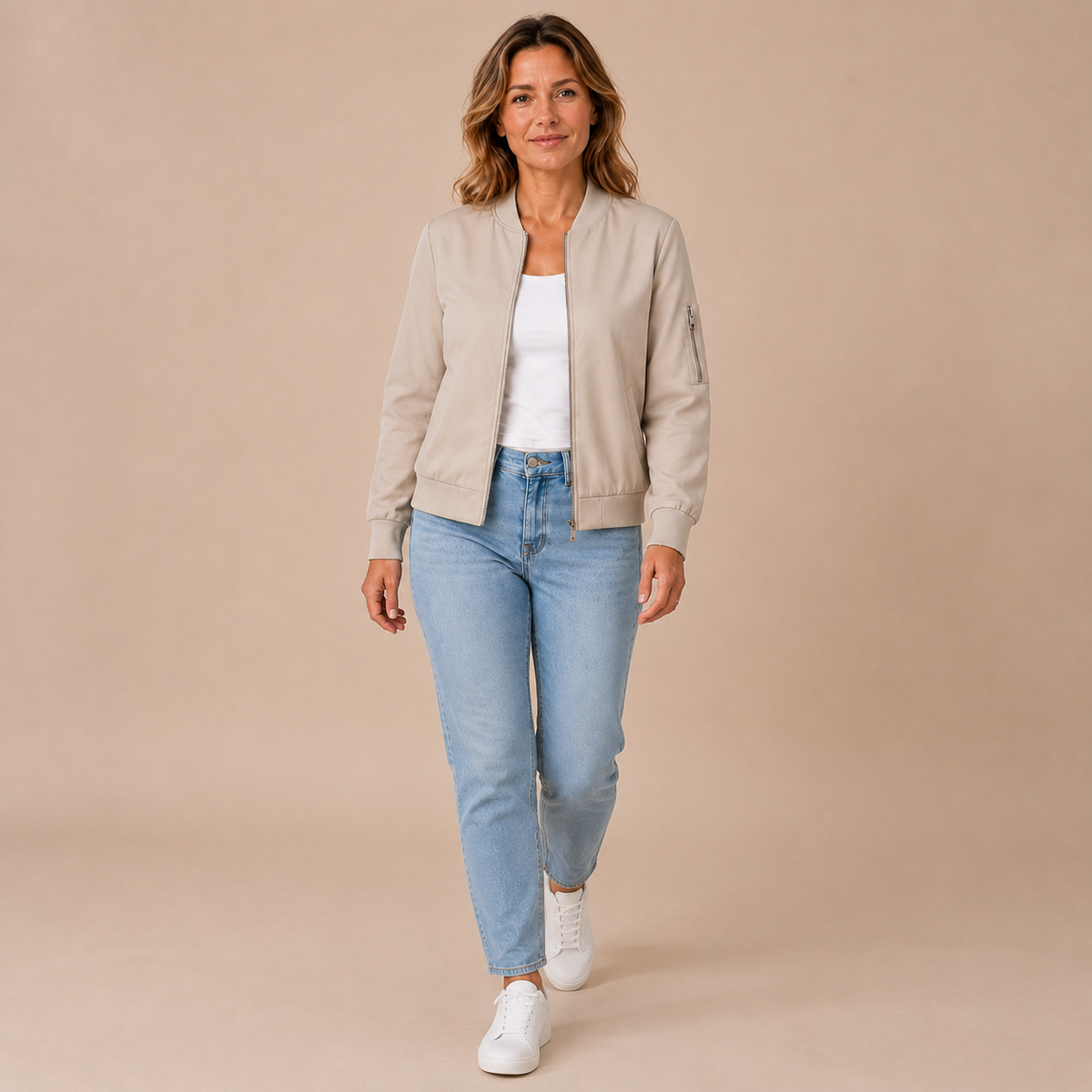 Bomberjack dames casual – korte tussenjas met rits en mouwzak in khaki – lifestylebeeld op beige studioachtergrond