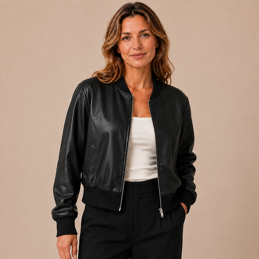 Zwart leren-look bomberjack dames gedragen in een moderne citylook