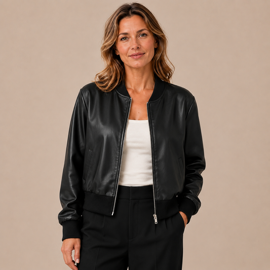 Zwart leren-look bomberjack dames met ritssluiting en ribboorden