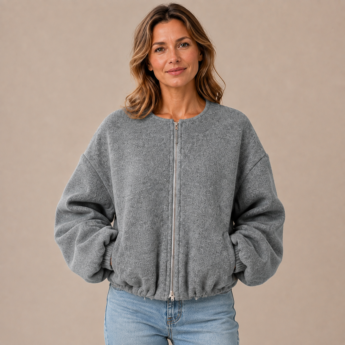 Grijs oversized bomberjack dames met ronde hals en dubbele rits