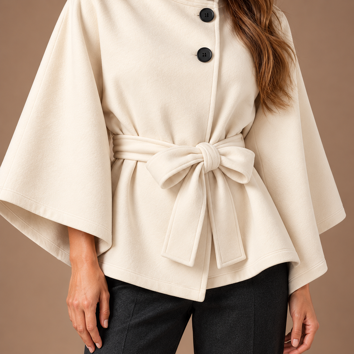 Cape jas dames in gebroken wit – detail strikceintuur