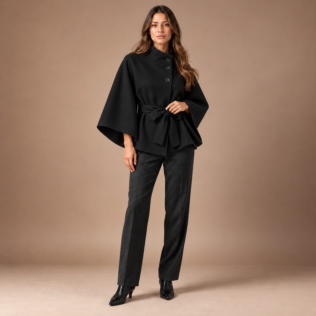 Cape jas dames in zwart – volledige outfit