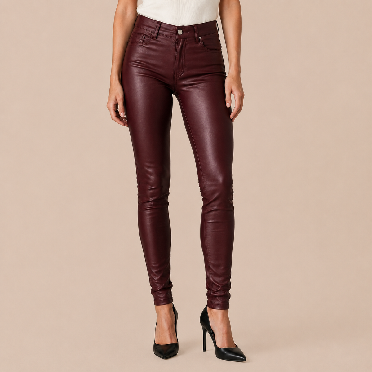 Donkerrode coated broek dames met skinny fit en leren-look afwerking