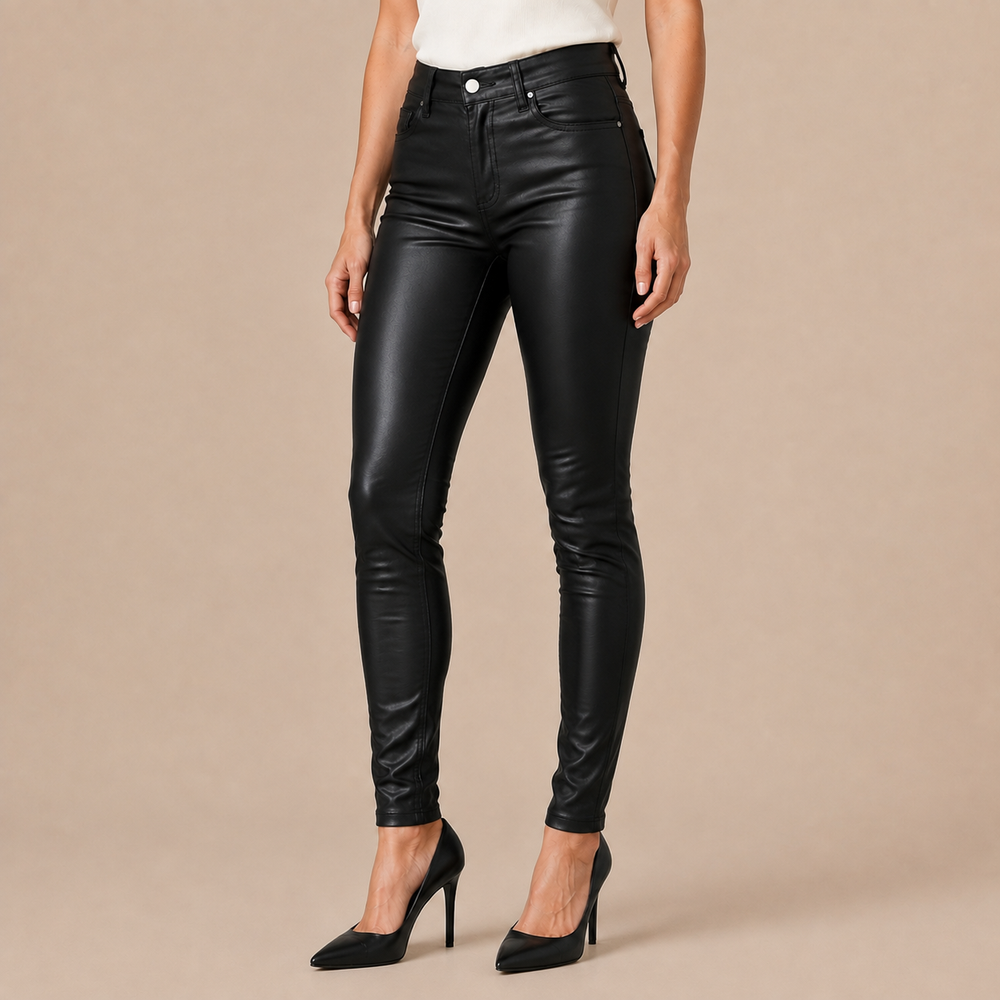 Coated Broek Dames Skinny Fit - Leren Look Broek met Zakken en Stretch