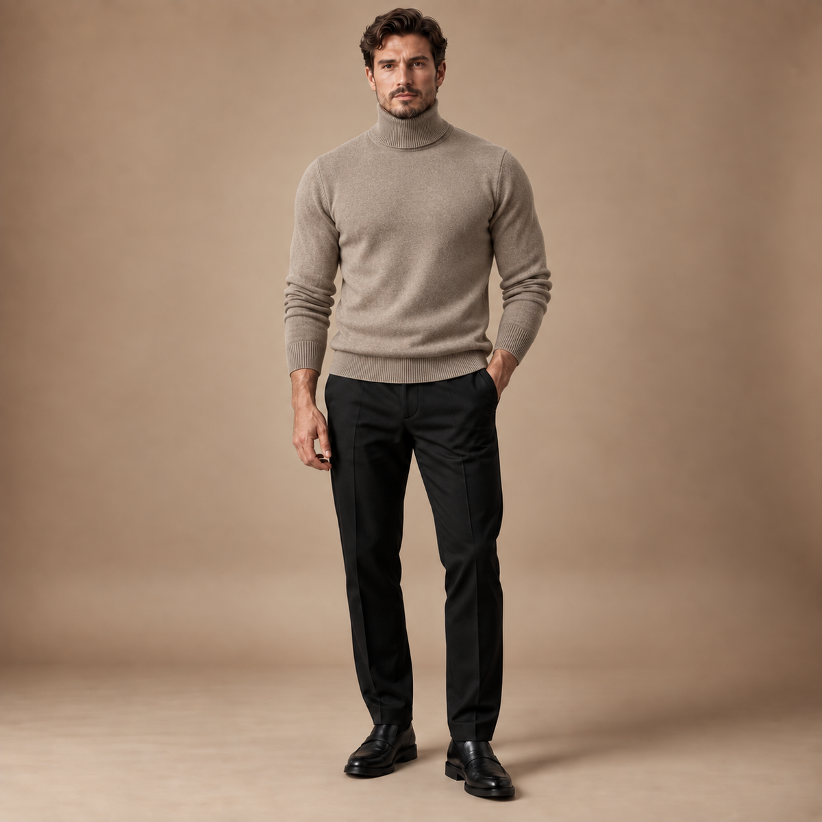 Coltrui heren beige volledige outfit studio pose