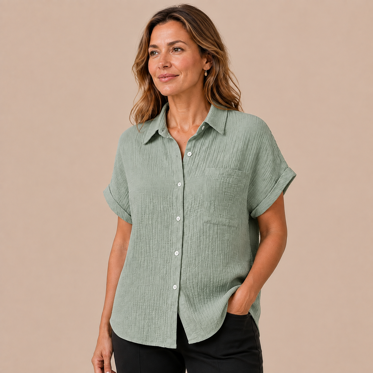 Blouse Dames Korte Mouw - Luchtige Blouse met Kraag, Borstzak en Knoopsluiting