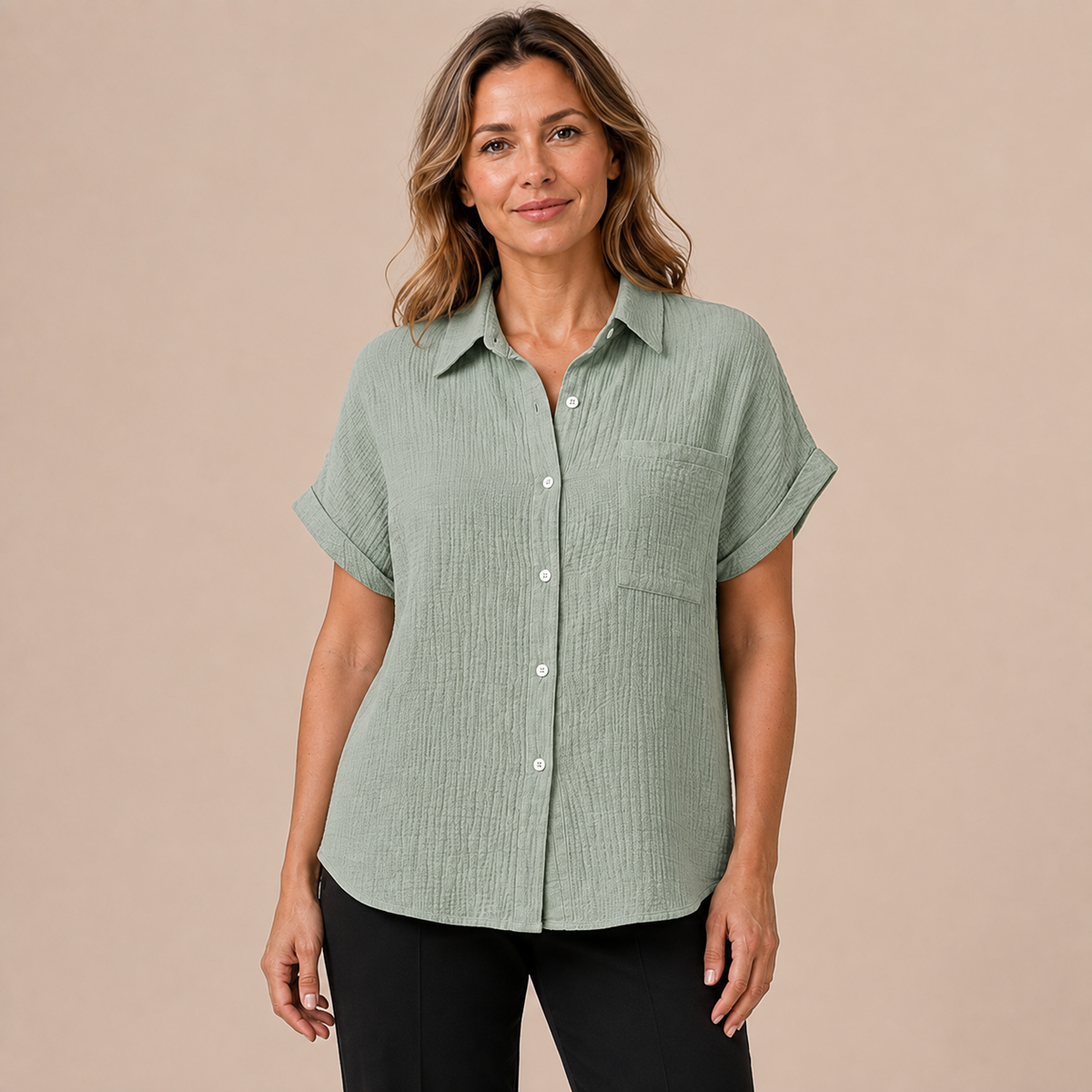 Blouse Dames Korte Mouw - Luchtige Blouse met Kraag, Borstzak en Knoopsluiting