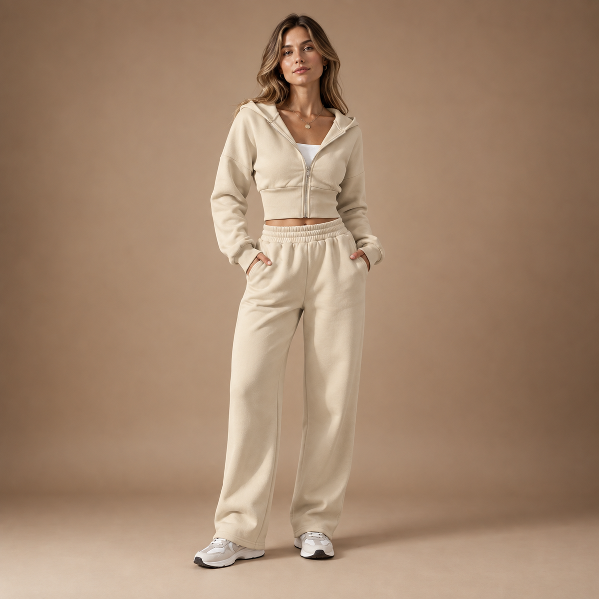 Trainingspak Dames 2-Delig – Cropped Hoodie met Rits en Wide Leg Broek