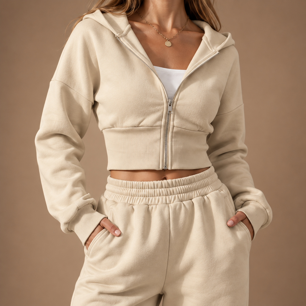 Trainingspak Dames 2-Delig – Cropped Hoodie met Rits en Wide Leg Broek