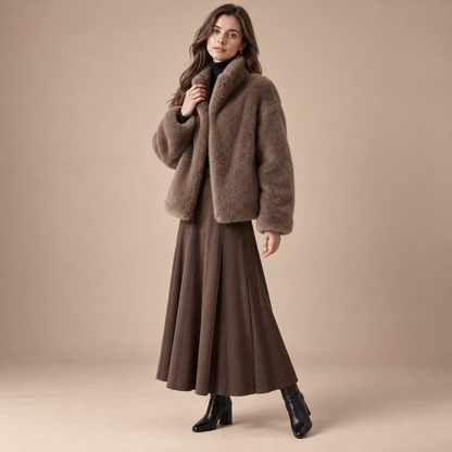 Faux fur jas dames bruin studio driekwart aanzicht