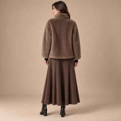 Achteraanzicht faux fur jas dames bruin studio