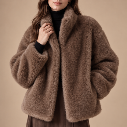 Close-up faux fur jas dames bruin kraag en pluche textuur