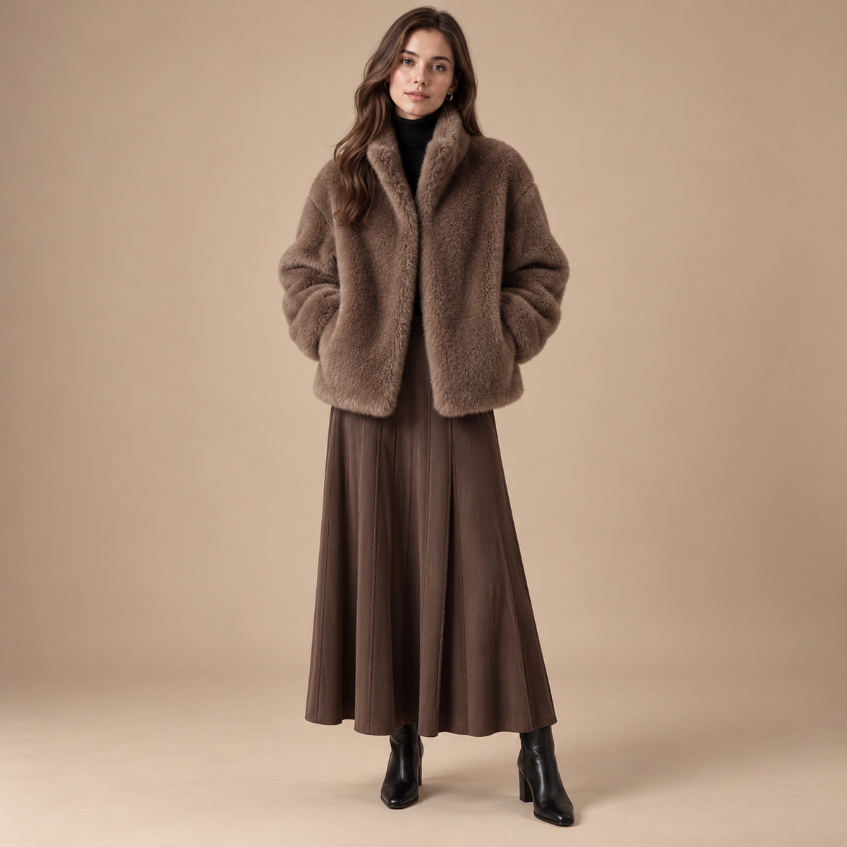 Faux fur jas dames bruin korte pasvorm volledige outfit studio