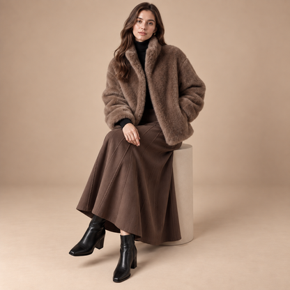 Faux fur jas dames bruin zittende studiopose