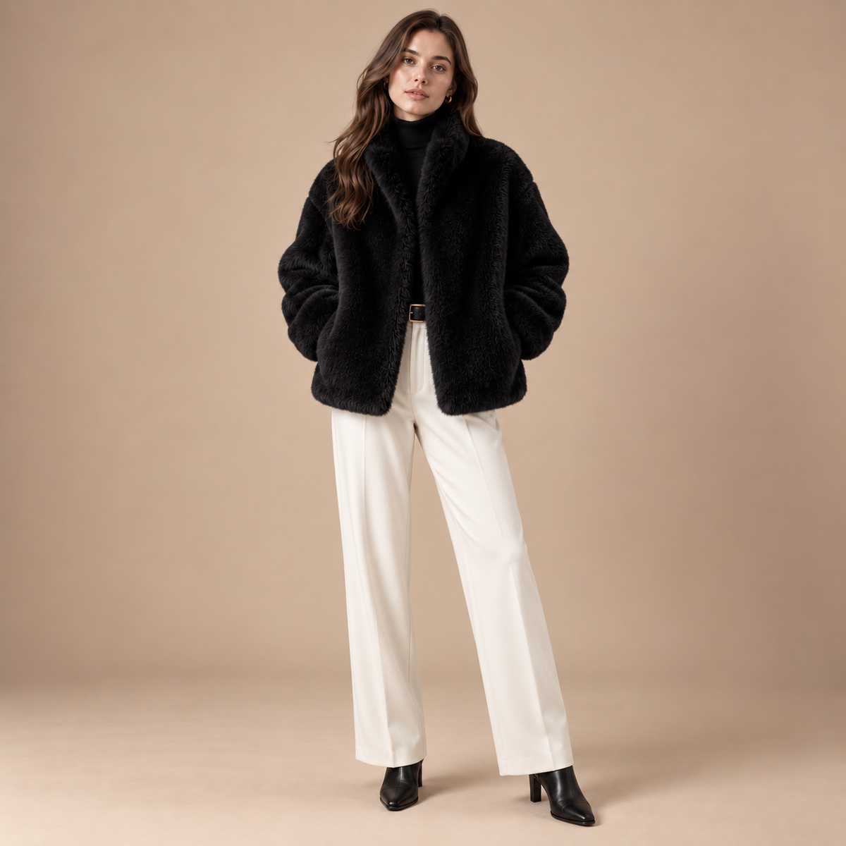 Faux fur jas dames zwart volledige outfit studio