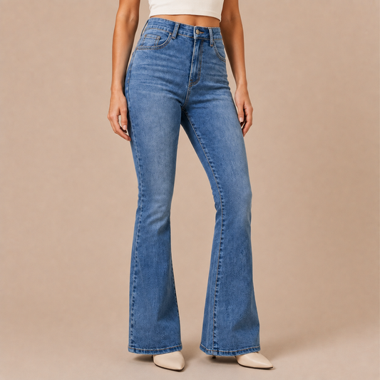 Blauwe flare jeans dames vanuit een driekwart hoek