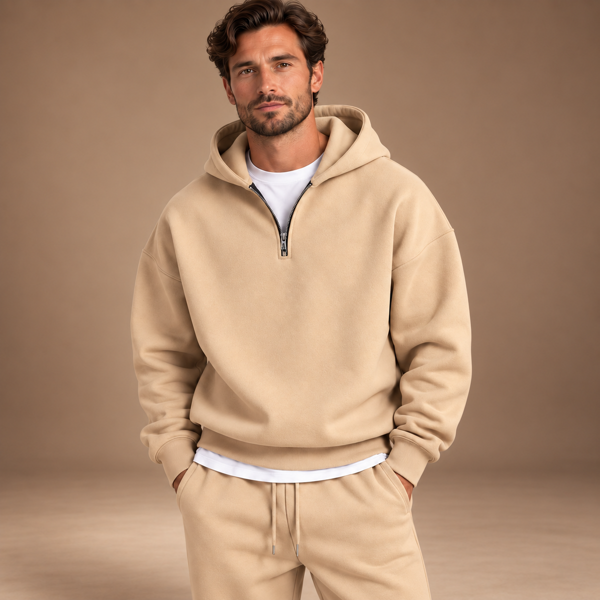 Detail van beige fleece hoodie voor heren met halve ritssluiting en capuchon
