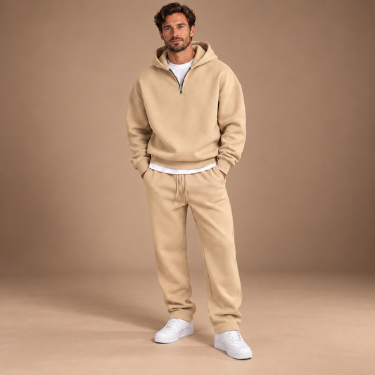 Beige fleece trainingspak voor heren met halve rits en capuchon – volledig vooraanzicht