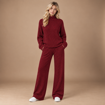 Gebreide dames set bordeaux met coltrui en wide leg broek volledige outfit studio