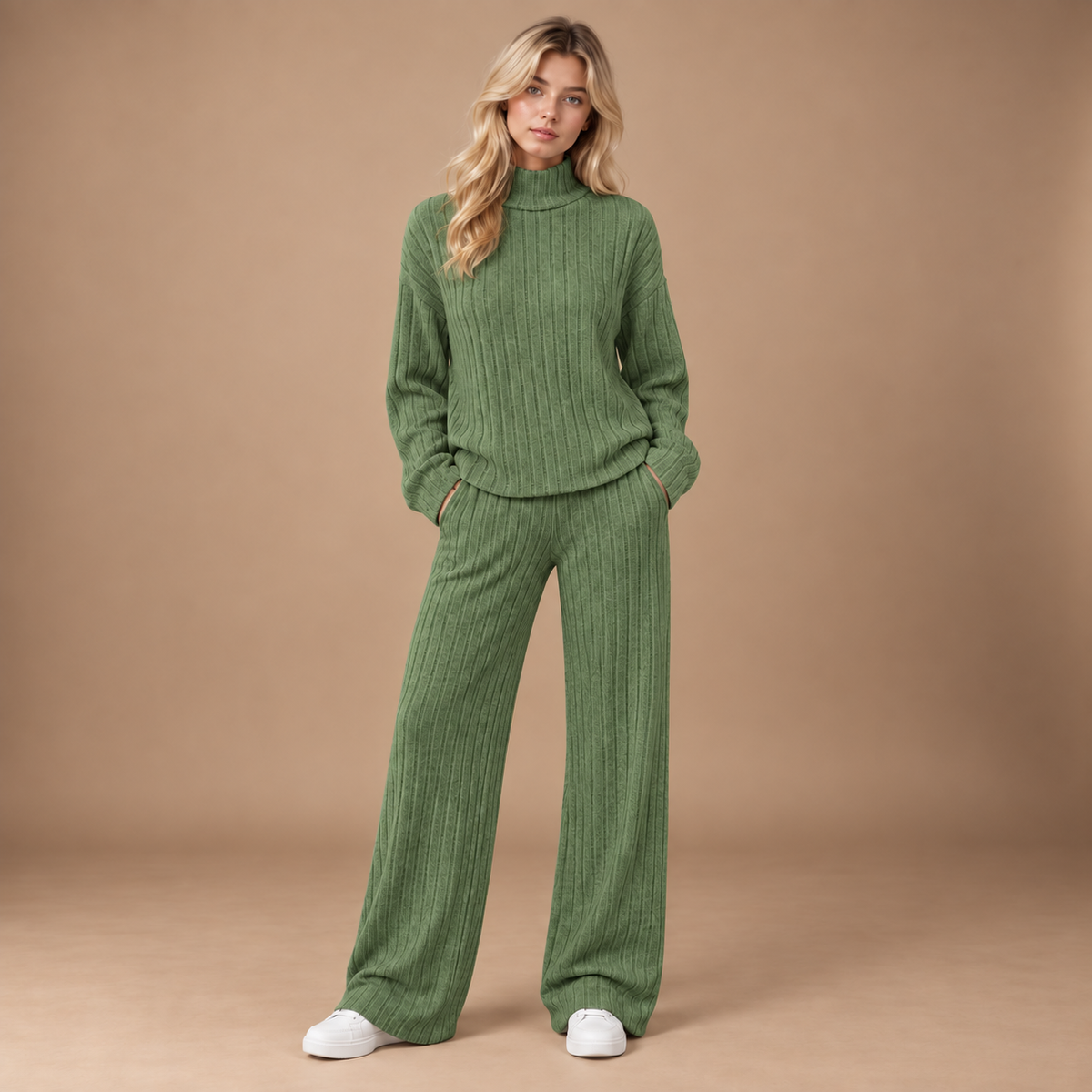 Gebreide dames set groen met coltrui en wide leg broek volledige outfit studio