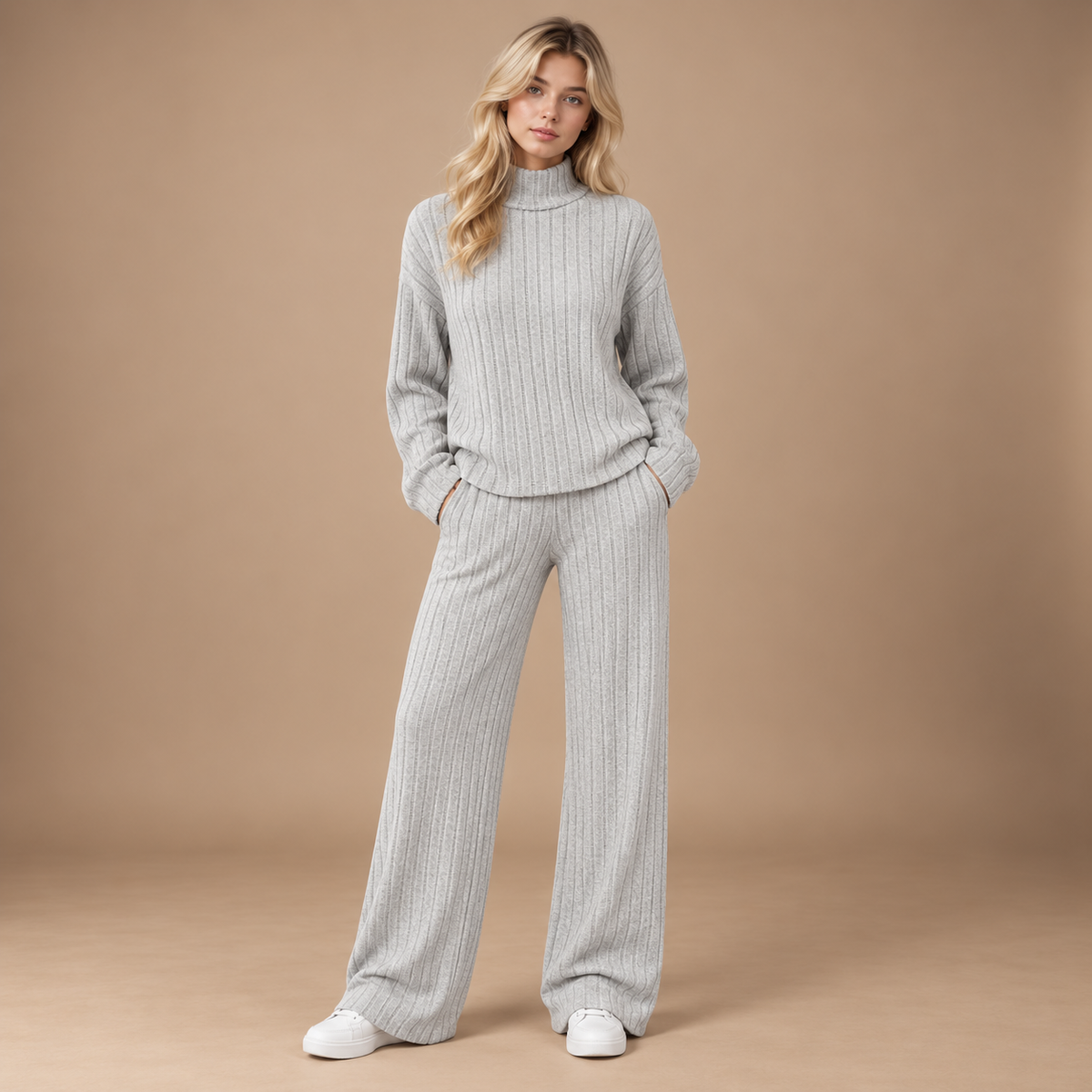 Gebreide dames set lichtgrijs met coltrui en wide leg broek volledige outfit studio