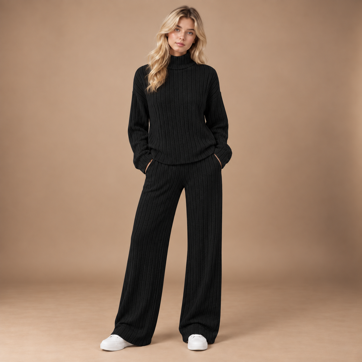 Gebreide dames set zwart met coltrui en wide leg broek volledige outfit studio