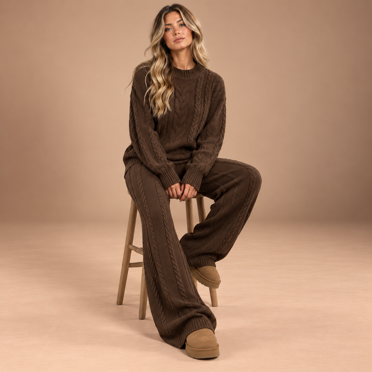 Bruine gebreide dames set – studio editorial